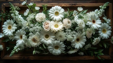   A wooden box holds an arrangement of white flowers Green foliage lines the box's base