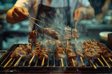 A chef is grilling skewers of meat in front of the barbecue grill