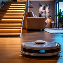 Autonomous robot vacuum cleaner navigating a wooden floor in a stylish, contemporary living room with warm lighting.