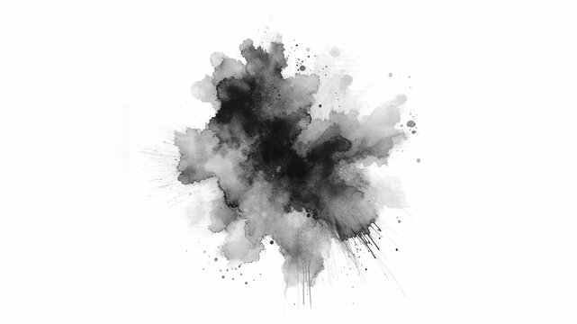Gray and black paint brush strokes in watercolor, isolated against transparent