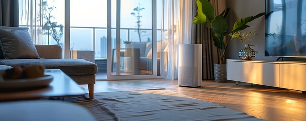 A sleek air purifier stands in a contemporary living room bathed in natural light from floor-to-ceiling windows with city views.