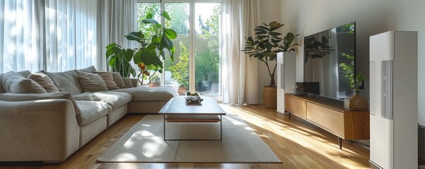 Sunlit living room with large windows, featuring plush seating, indoor plants, and a sleek entertainment system.
