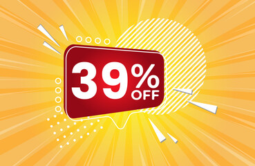39% off. Yellow banner with 39 percent discount on a red balloon for mega big sales. 39% sale