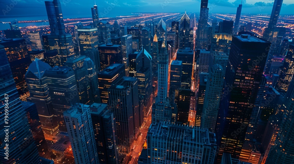 Aufkleber a cityscape at twilight with skyscrapers aglow in the fading light, casting long shadows and adding 