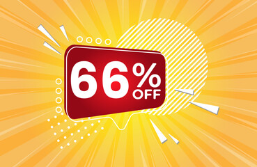 66% off. Yellow banner with 66 percent discount on a red balloon for mega big sales. 66% sale
