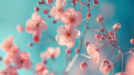Flores de primavera de color rosa sobre fondo azul - obrazy, fototapety, plakaty