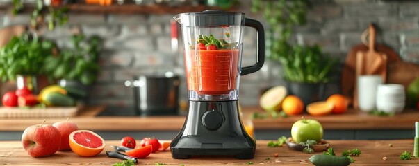 Blender on a kitchen countertop surrounded by fresh fruits, creating a nutritious smoothie, with a backdrop of herbs and utensils.