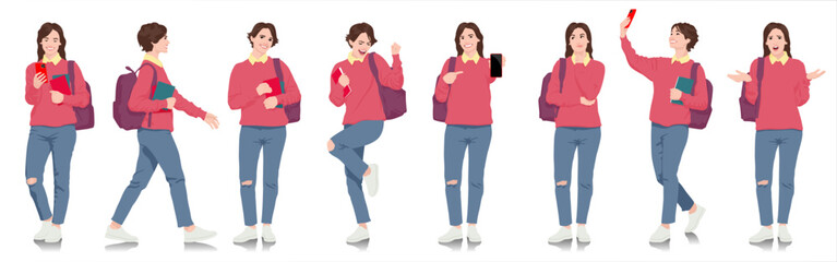 Set of young female student using smartphone dressed in loose sweater and jeans. Woman with books and phone. Smiling girl with backpack in casual cloth. Vector illustration isolated on white