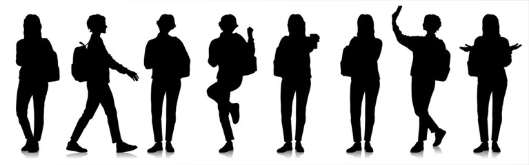 Set of young female student using smartphone dressed in loose sweater and jeans. Woman with books and phone. Smiling girl with backpack in casual cloth. Vector illustration isolated on white