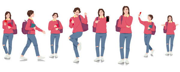 Set of young female student using smartphone dressed in loose sweater and jeans. Woman with books and phone. Smiling girl with backpack in casual cloth. Vector illustration isolated on white