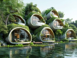 Innovative green pod homes with organic shapes, covered in lush vegetation, nestled in a tranquil lakeside setting.