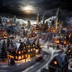 Digital painting of a winter village at night with snow covered houses.