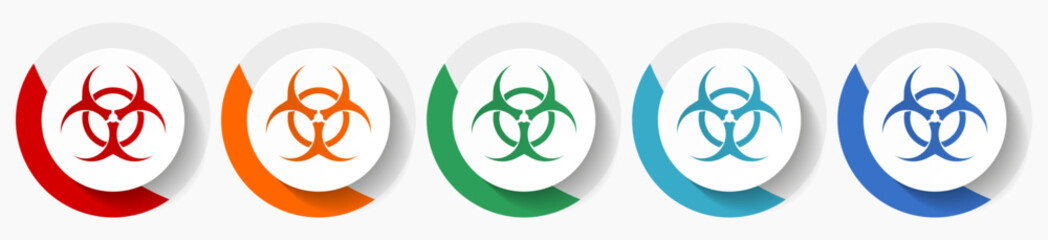 Biohazard vector icon set, flat icons for logo design, webdesign and mobile applications, colorful round buttons