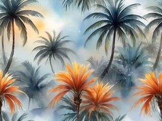 Fototapeta na wymiar Palm trees, tropics, paradise. Watercolor drawing of tropical rain forest. Summer vacation adventure and vacation travel freedom concept. 