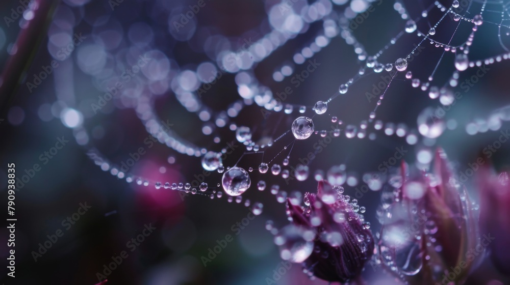 Poster a close-up of raindrops clinging to a spider's delicate web, transforming it into a sparkling master