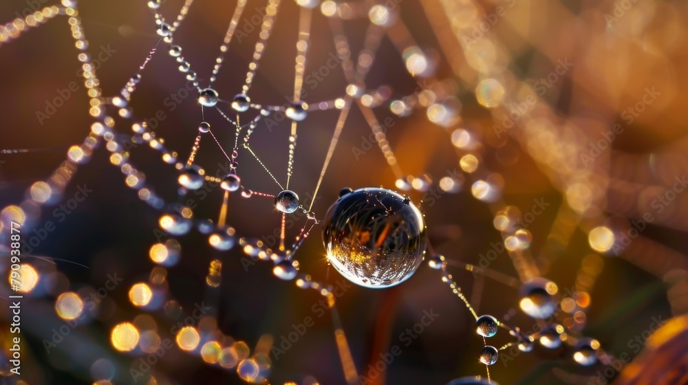 Poster a close-up of raindrops clinging to a spider's delicate web, transforming it into a sparkling master