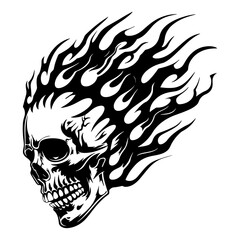 A black and white image of a skull with flames coming out of the top and back of it.