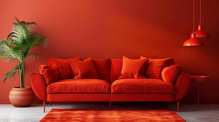 Modern retro themed interior living room. Red couch against red wall. Interior design, living space. 