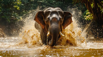 Elephant enjoying a bath in the river with its trunk splashing water