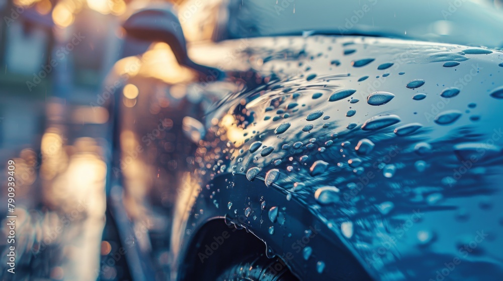 Poster a close-up of water droplets beading on a freshly washed car, enhancing its glossy finish and reflec