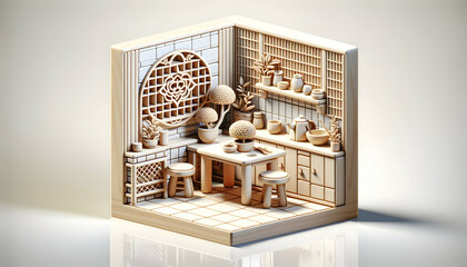 Tranquil Artisanal Culinary Space: 3D Icon of Handcrafted Tiles, Bonsai, and Natural Elements in Realistic Interior Design