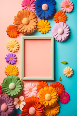 Beautiful flowers flower frame flat lay, top view, free space. Generative AI,
