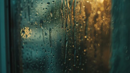 A close-up of water droplets trickling down a windowpane during a rainstorm, creating a soothing and melancholic ambiance indoors. - obrazy, fototapety, plakaty