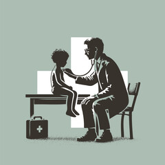 doctor sitting on a chair listens to a boy sitting on a table in a vector stencil drawing - obrazy, fototapety, plakaty
