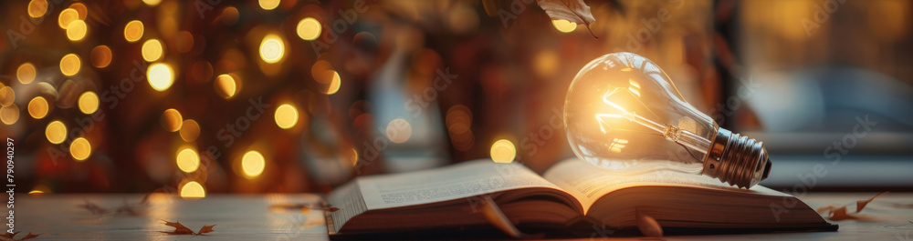 Poster an open book with a light bulb emerging from its pages, symbolizing knowledge and creativity
