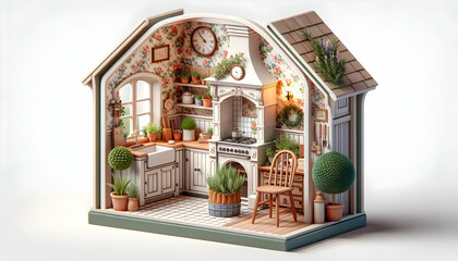 3D Icon: Enchanting English Cottage Kitchen with Floral Wallpaper and Rosemary Topiary - Realistic Interior Design for a Quaint Homely Feel