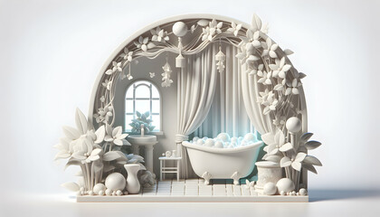 Realistic 3D Icon: Ethereal Elegance - Bathroom with Light Draperies and Delicate Jasmine Plant for Airy Dreamlike Quality in Nature-themed Interior Design Concept