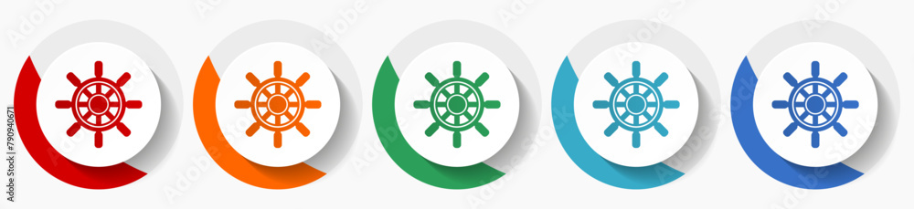 Poster Ship wheel vector icon set, flat icons for logo design, webdesign and mobile applications, colorful round buttons