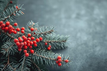 A close up of a branch of evergreen trees with red berries