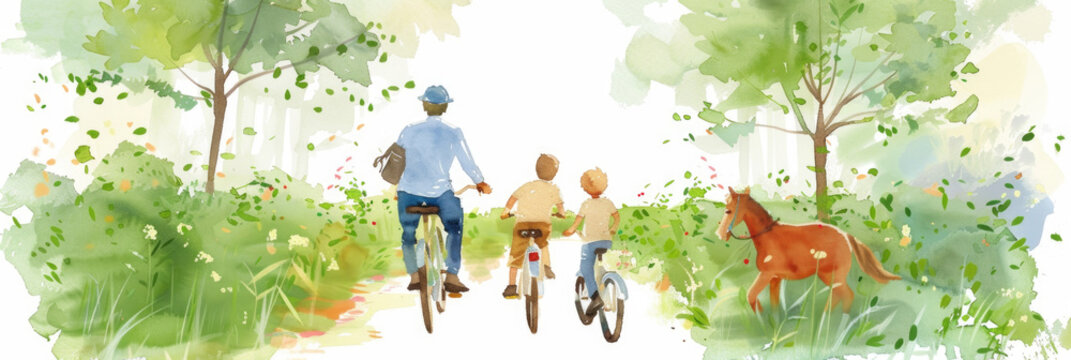 A watercolor painting depicting a man riding a bike with two children, enjoying a leisurely outing together