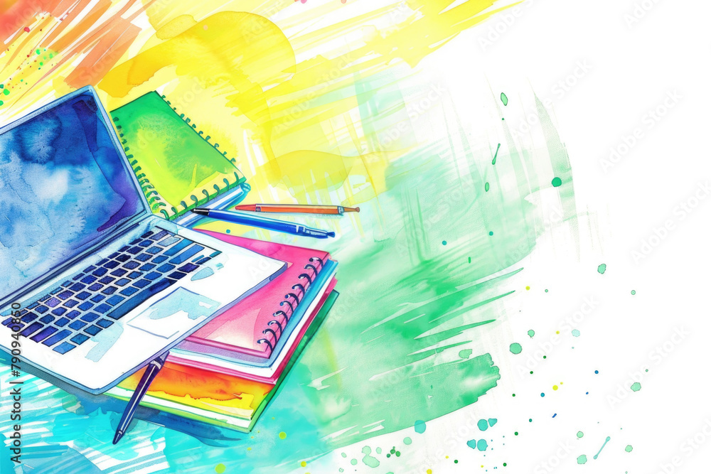 Poster an open laptop computer is placed on top of a desk