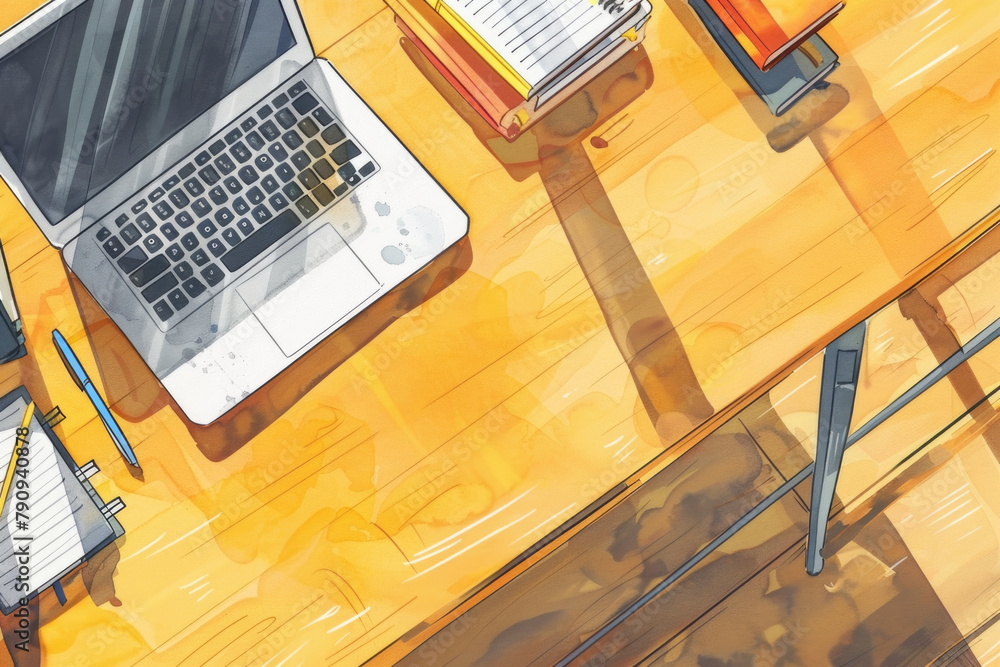 Poster a laptop computer placed on top of a wooden desk in a simple and functional workspace setting