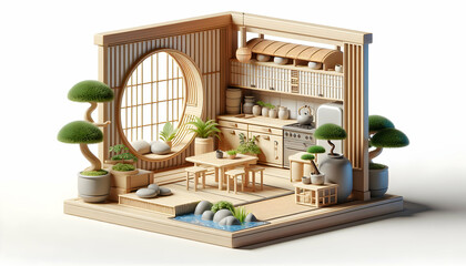 Japanese Zen Kitchen with Bamboo Accents and Bonsai for Harmonious Balance - Realistic 3D Interior Design with Nature Elements