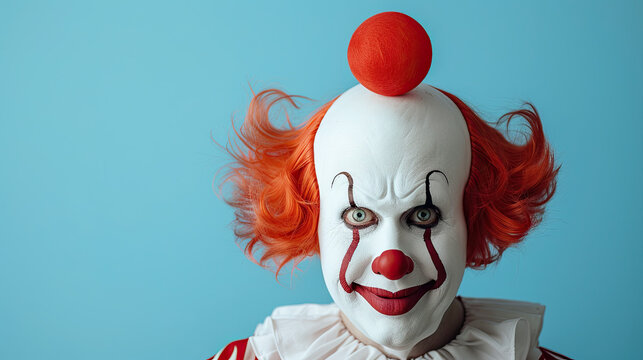 Happy clown ,with copy space, on pastel blue background