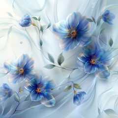 Шdesign of beautiful flowers with glowing edges and highlights, light blue, orange and white colors, dreamy and ethereal atmosphere, fantasy, detailed. 