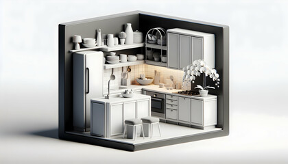 Monochrome Minimalism: Sleek 3D Icon Kitchen with White Orchid - Realistic Interior Design in Nature Photo Stock Concept
