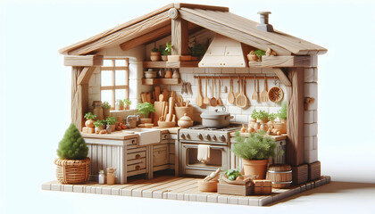 3D Icon: Rustic Kitchen with Exposed Beams and Potted Herb in Cozy Natural Cooking Environment - Realistic Interior Design and Nature Construction Concept