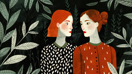 A painting depicting two women standing next to each other, looking forward with neutral expressions