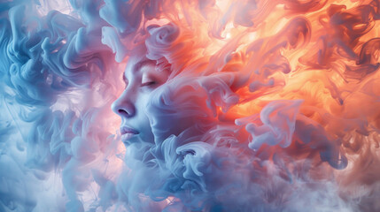 A womans face partially obscured by swirling colored smoke in a vibrant and dynamic composition