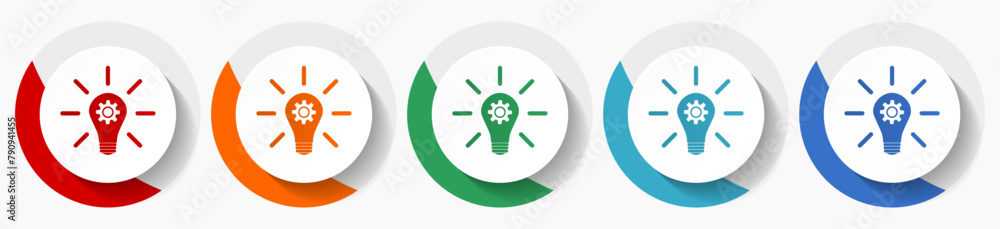 Poster Idea, solution, bulb, innovation vector icon set, flat icons for logo design, webdesign and mobile applications, colorful round buttons