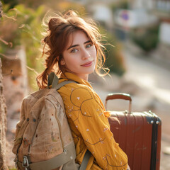 young woman with travel bag