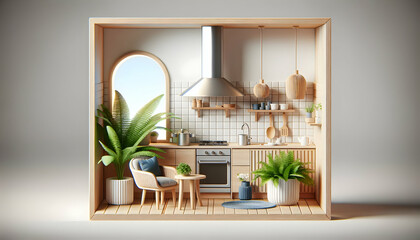 Minimalist Scandinavian Kitchen with Potted Fern: Realistic 3D Icon of Tranquil Retreat in Nature-Inspired Interior Design Concept