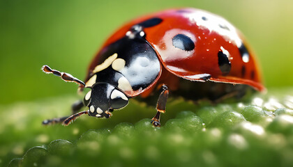 Close up macro photography of a stunning red ladybug on a beautiful green out of focus background - obrazy, fototapety, plakaty