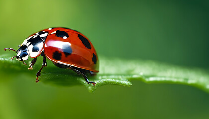 Close up macro photography of a stunning red ladybug on a beautiful green out of focus background