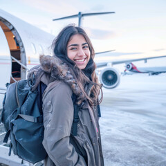 Young female traveler giving happy expression at airport