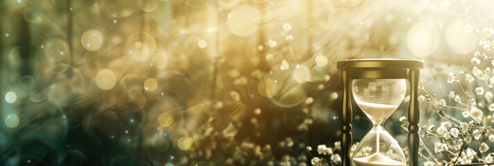 An hourglass is placed on a wooden table next to a window, with sunlight streaming in